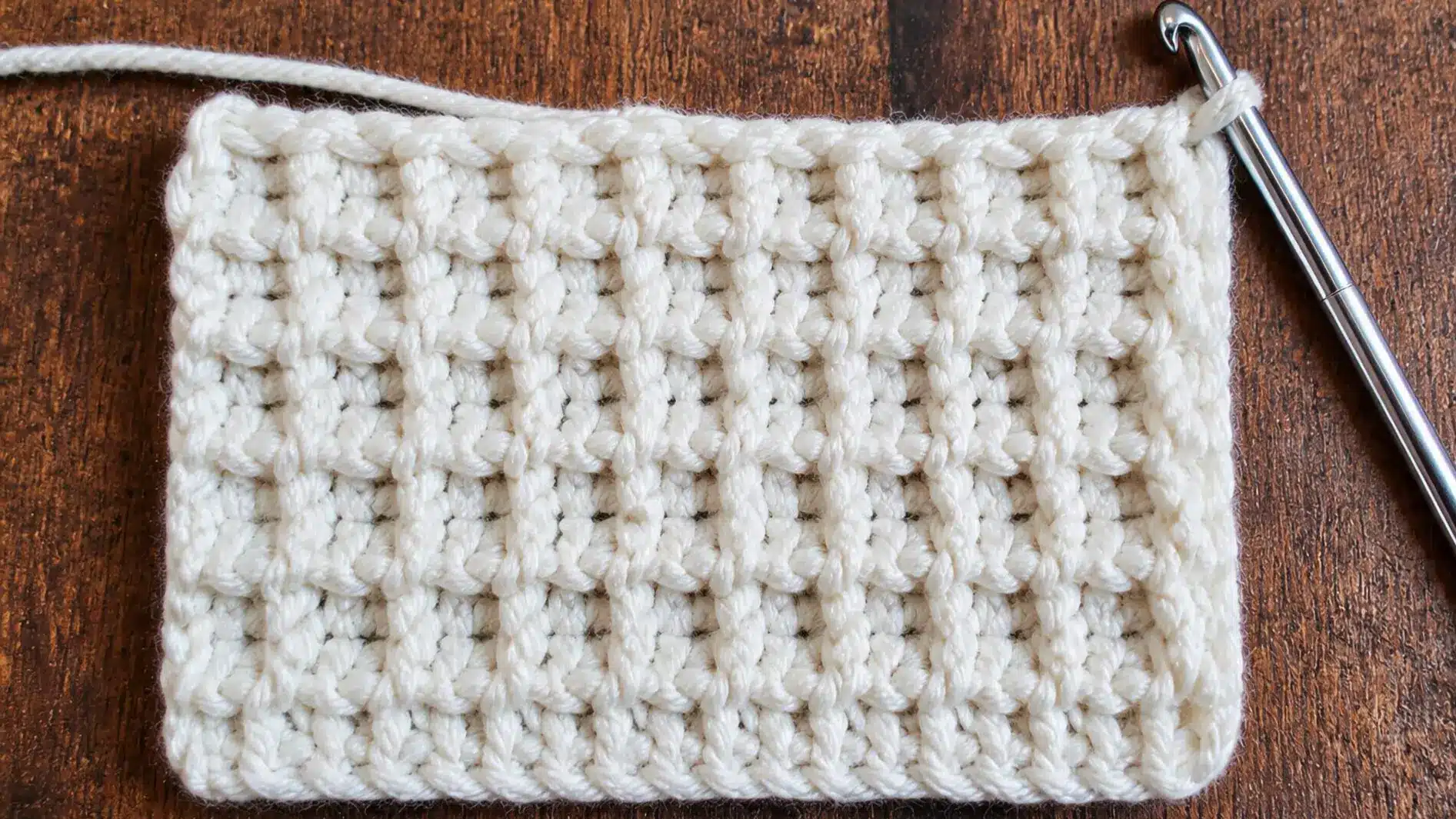 A crocheted square showcasing a waffle texture, accompanied by a crochet hook for crafting.