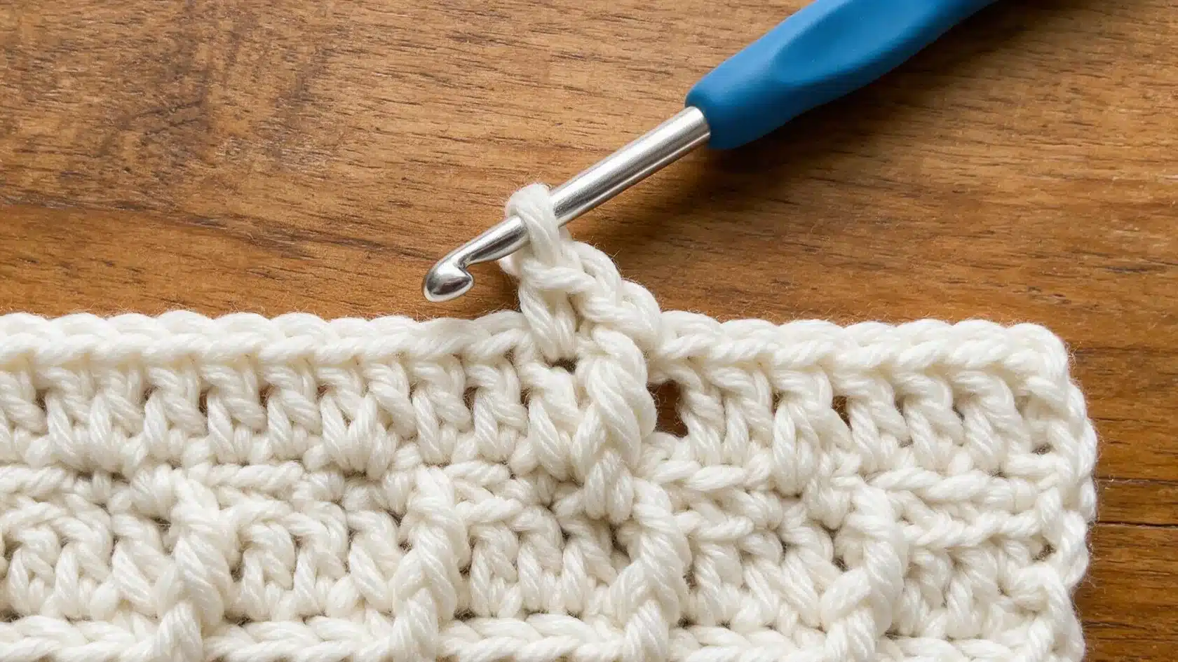 A crocheted white yarn piece with a blue crochet hook positioned beside it on a neutral background.