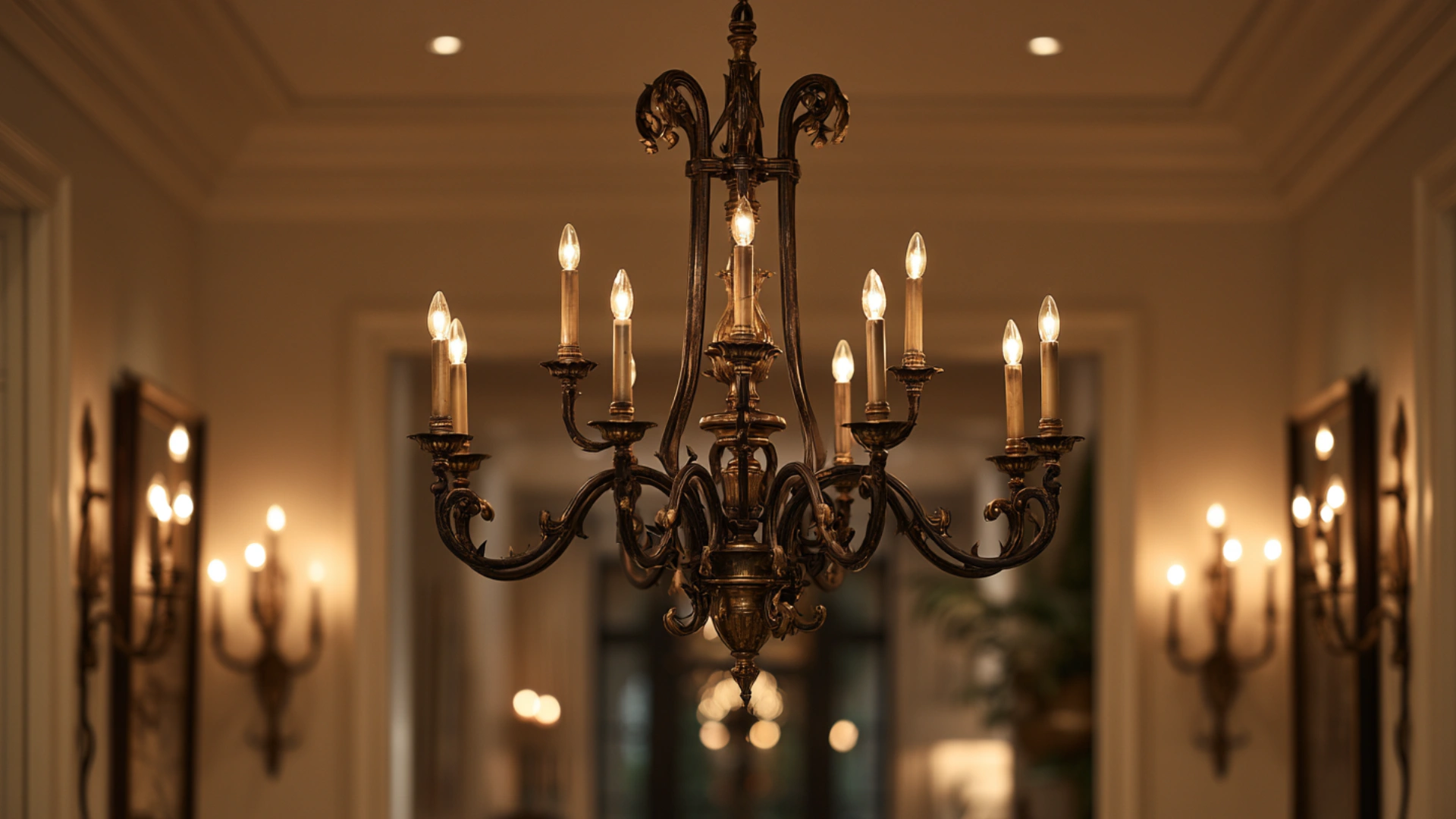 A decorative chandelier hangs in a hallway, illuminating the space with warm light.