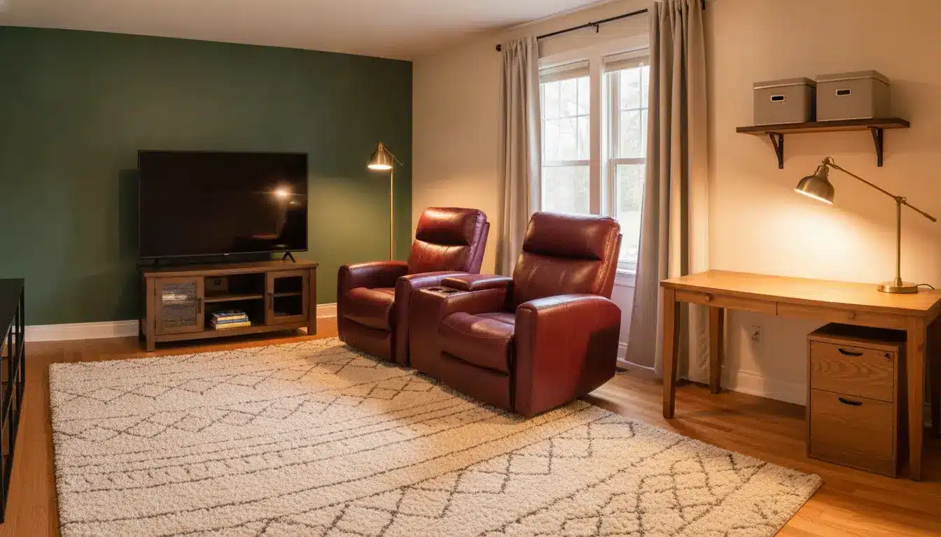 Red leather recliners and television in cozy living room with hardwood floors and green accent wall