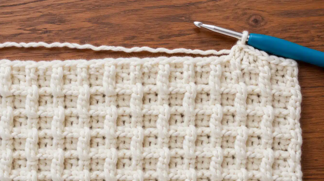 A detailed view of a crochet stitch, featuring a blue needle in the process of stitching.
