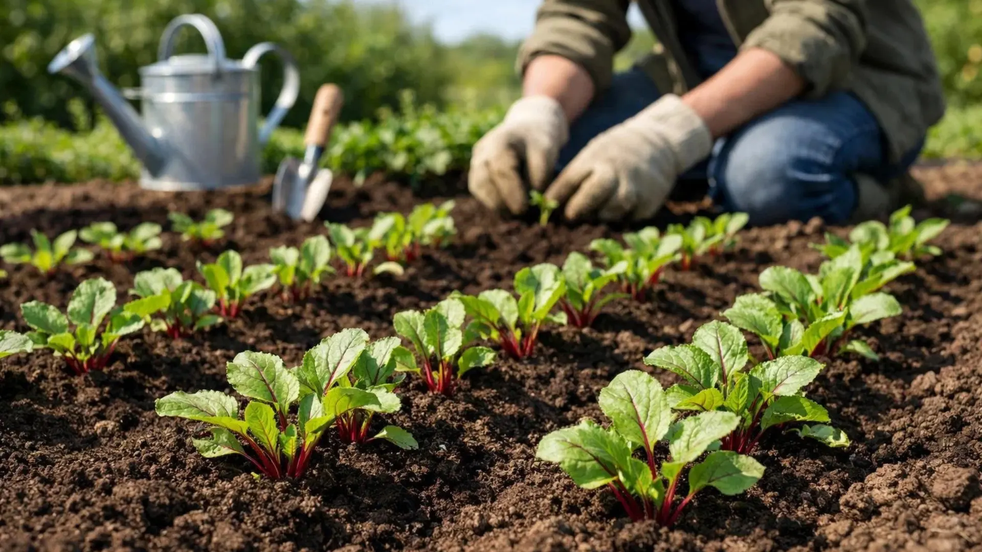 A gardener in gloves plants seedlings in a soil bed, with a trowel and metal watering can nearby.