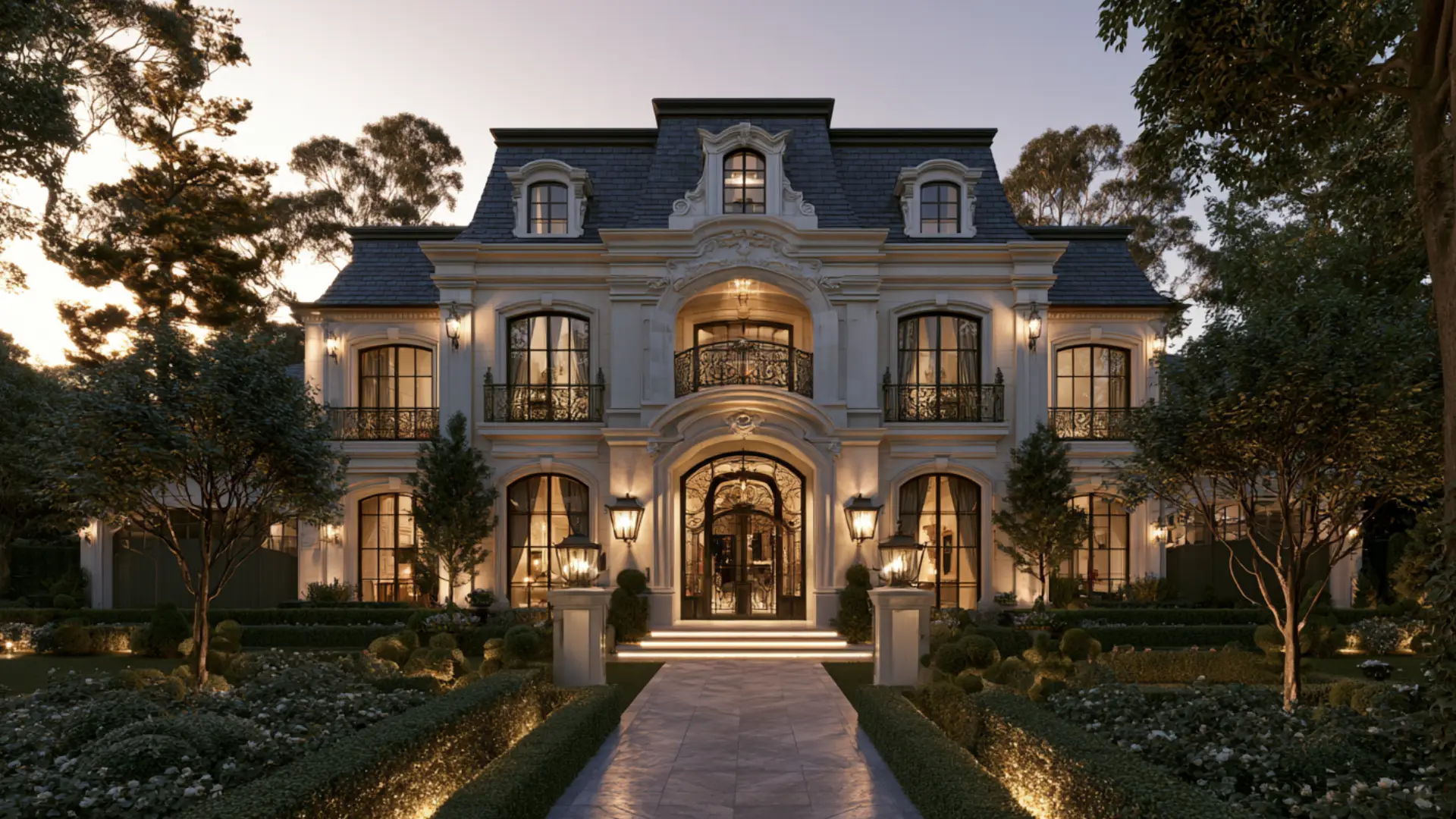 A grand mansion featuring a steep hipped roof and an expansive front porch, showcasing elegant architectural design.