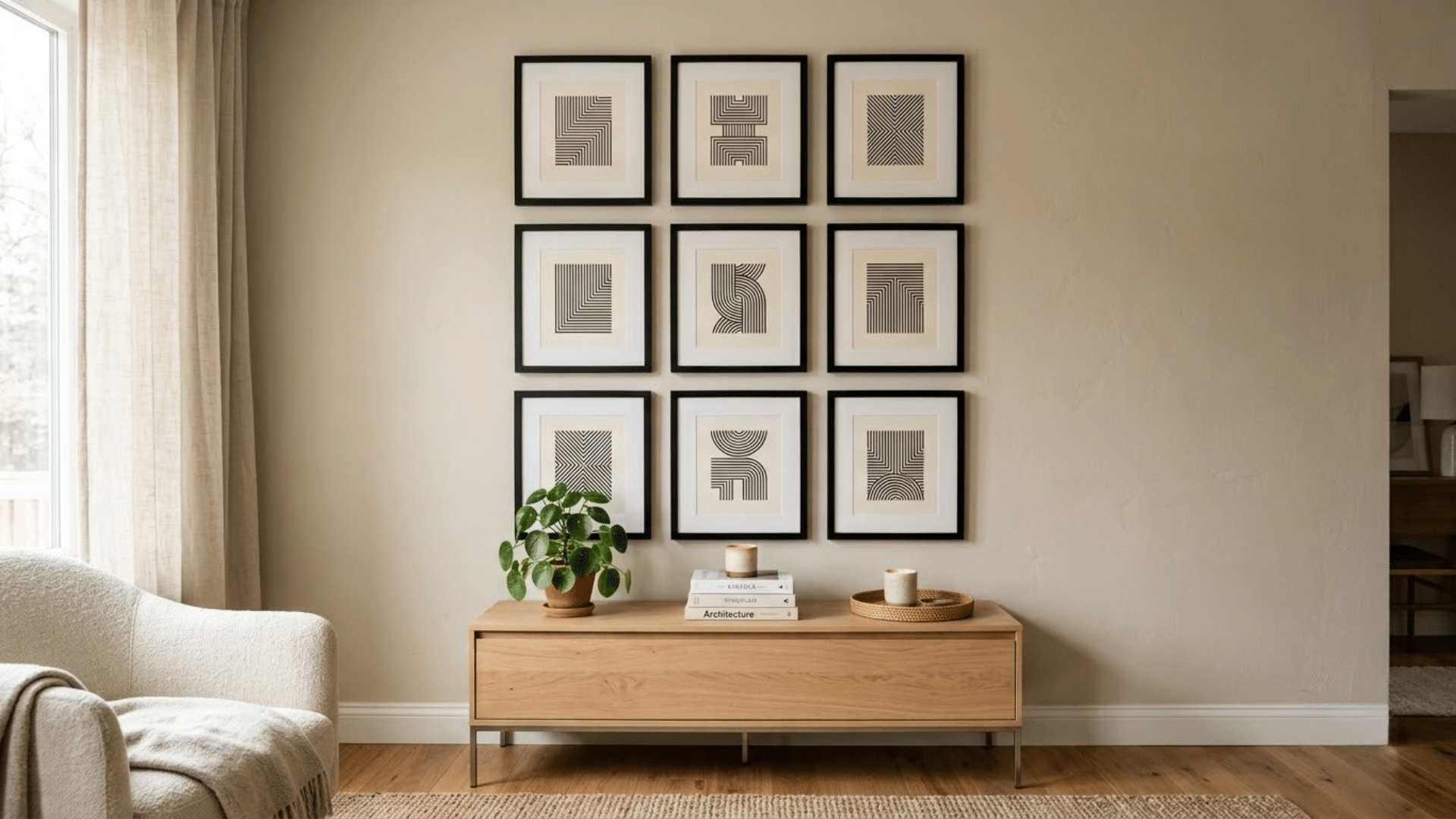 a grid-style gallery wall with nine matching black frames displaying geometric artwork above a wooden console