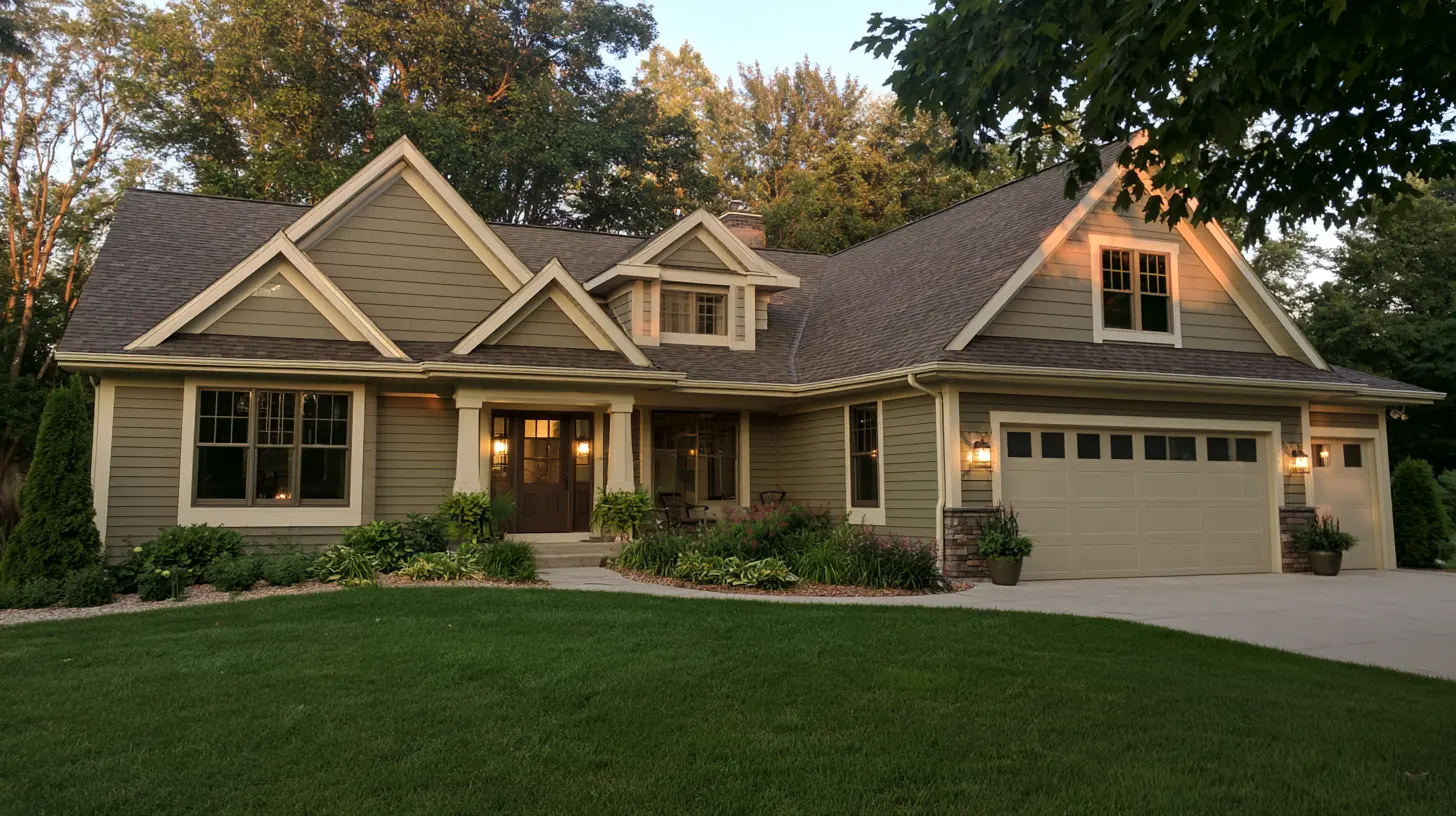 A large gray-green suburban house with multiple gables, a covered entry, landscaped garden beds, and a two-car garage.