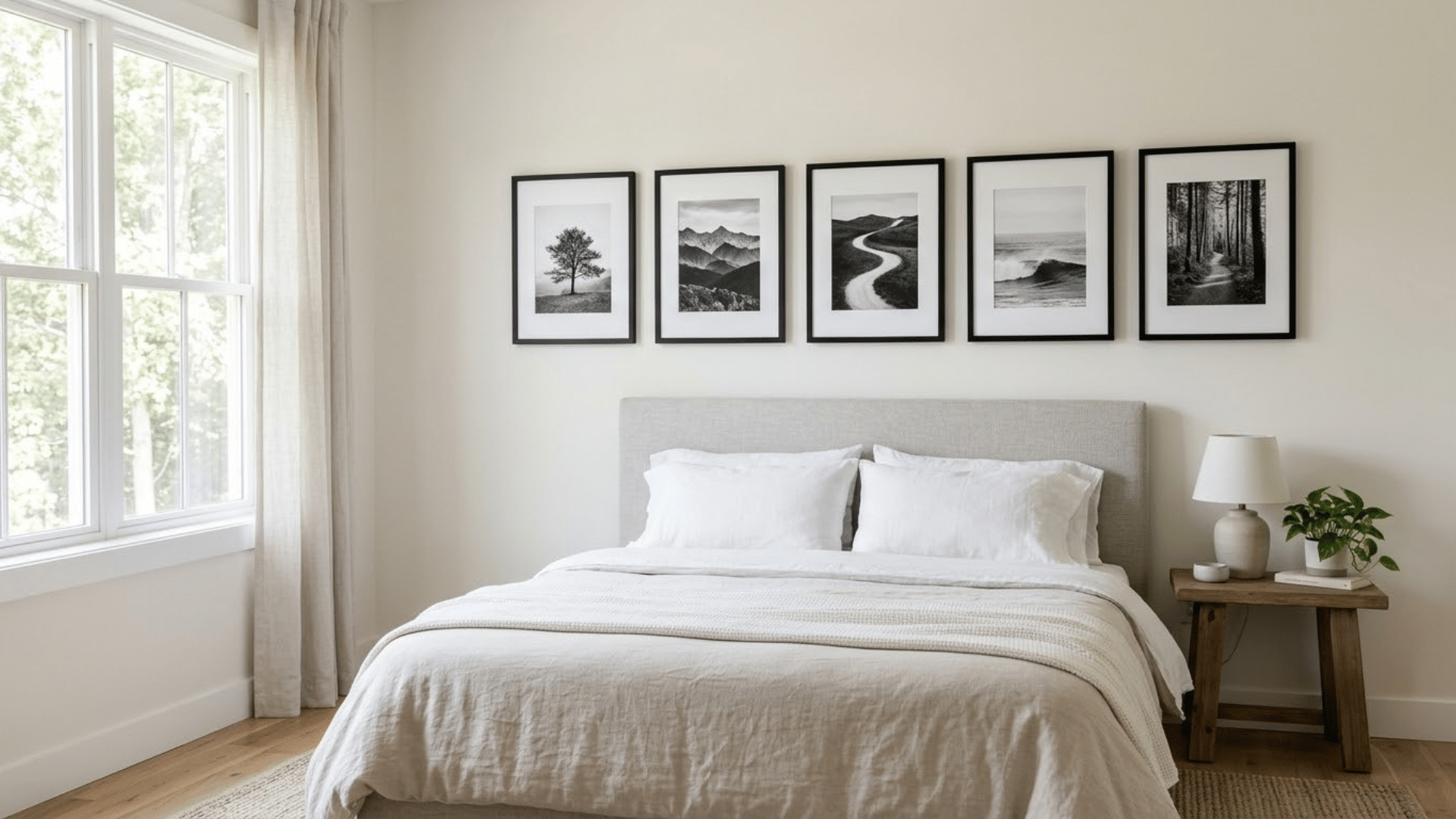 a line gallery wall with five evenly spaced black-framed landscape photographs displayed above a neutral bed