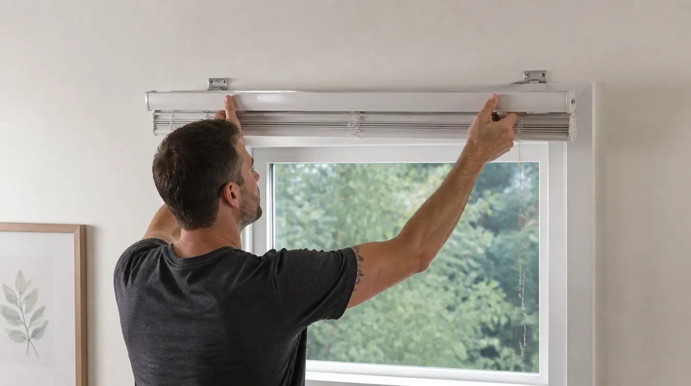 A man in a black shirt installs a white window blind above a large window overlooking trees.