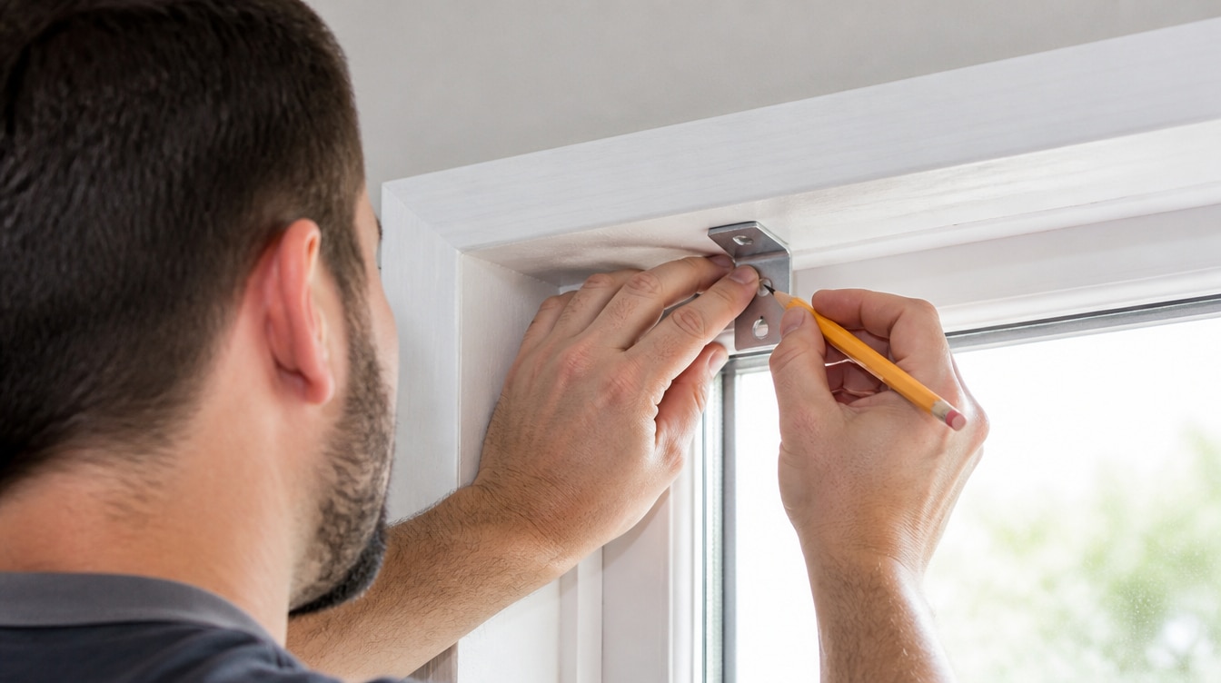 A man uses a pencil to mark the placement of a metal bracket above a window frame.