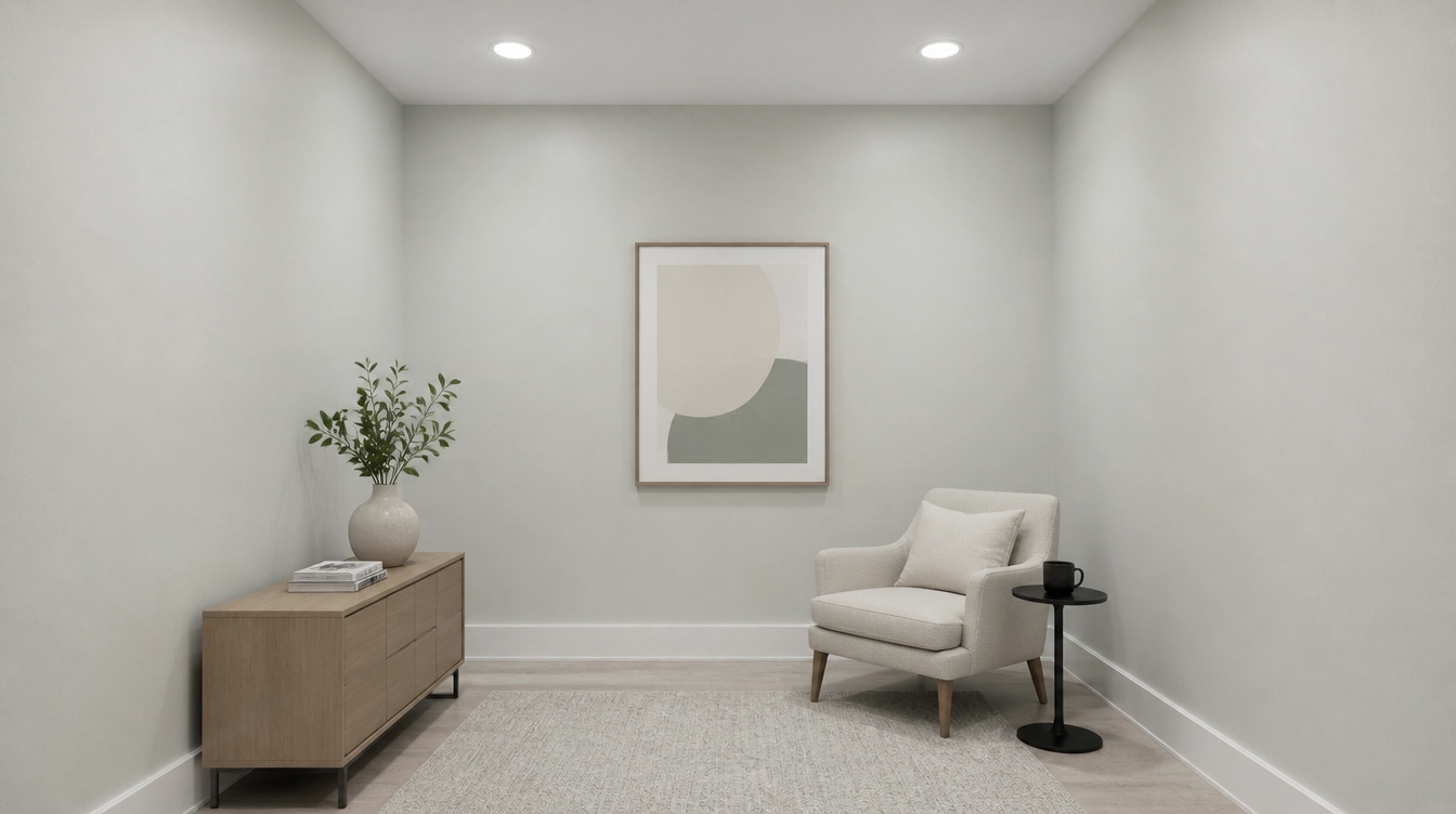 A minimalist sitting room with a beige armchair, black side table and mug, wooden cabinet with plant, and framed abstract art.