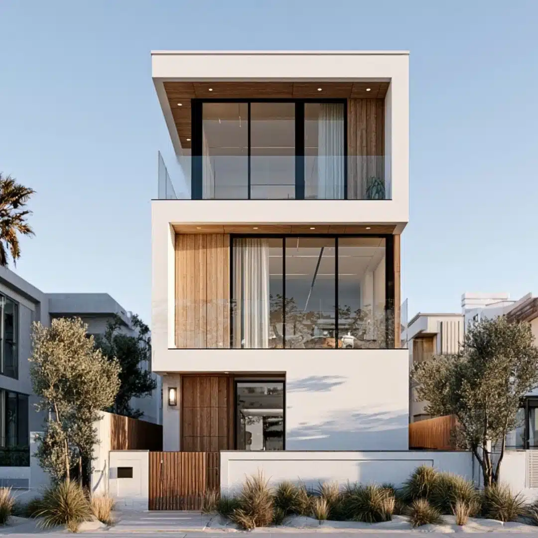 A modern beach house featuring expansive glass walls and elegant wooden floors, blending indoor and outdoor living.