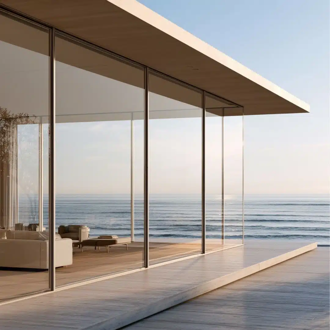 A modern house featuring glass walls, offering a panoramic view of the ocean in the background.