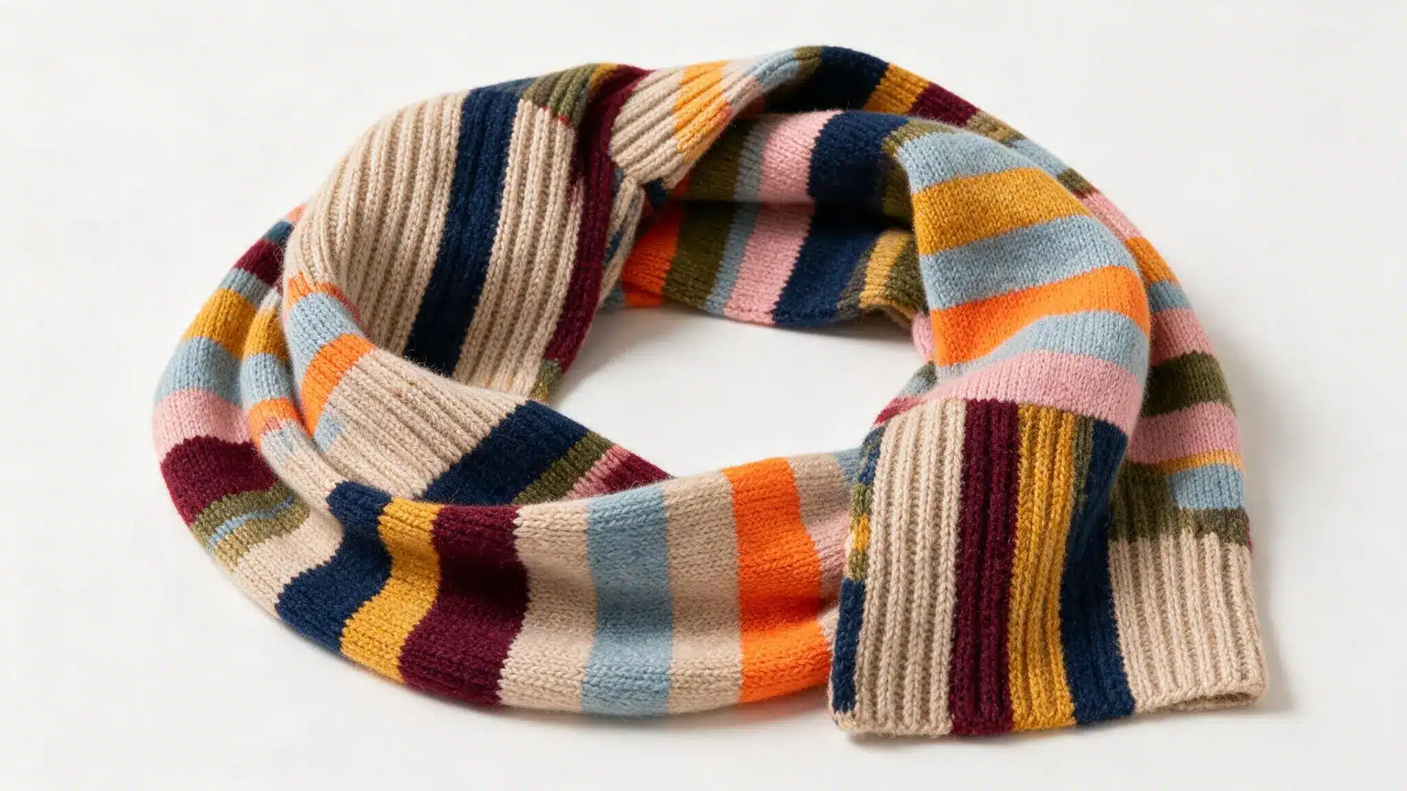 A multi-colored scarf featuring a vibrant stripe pattern in various hues.