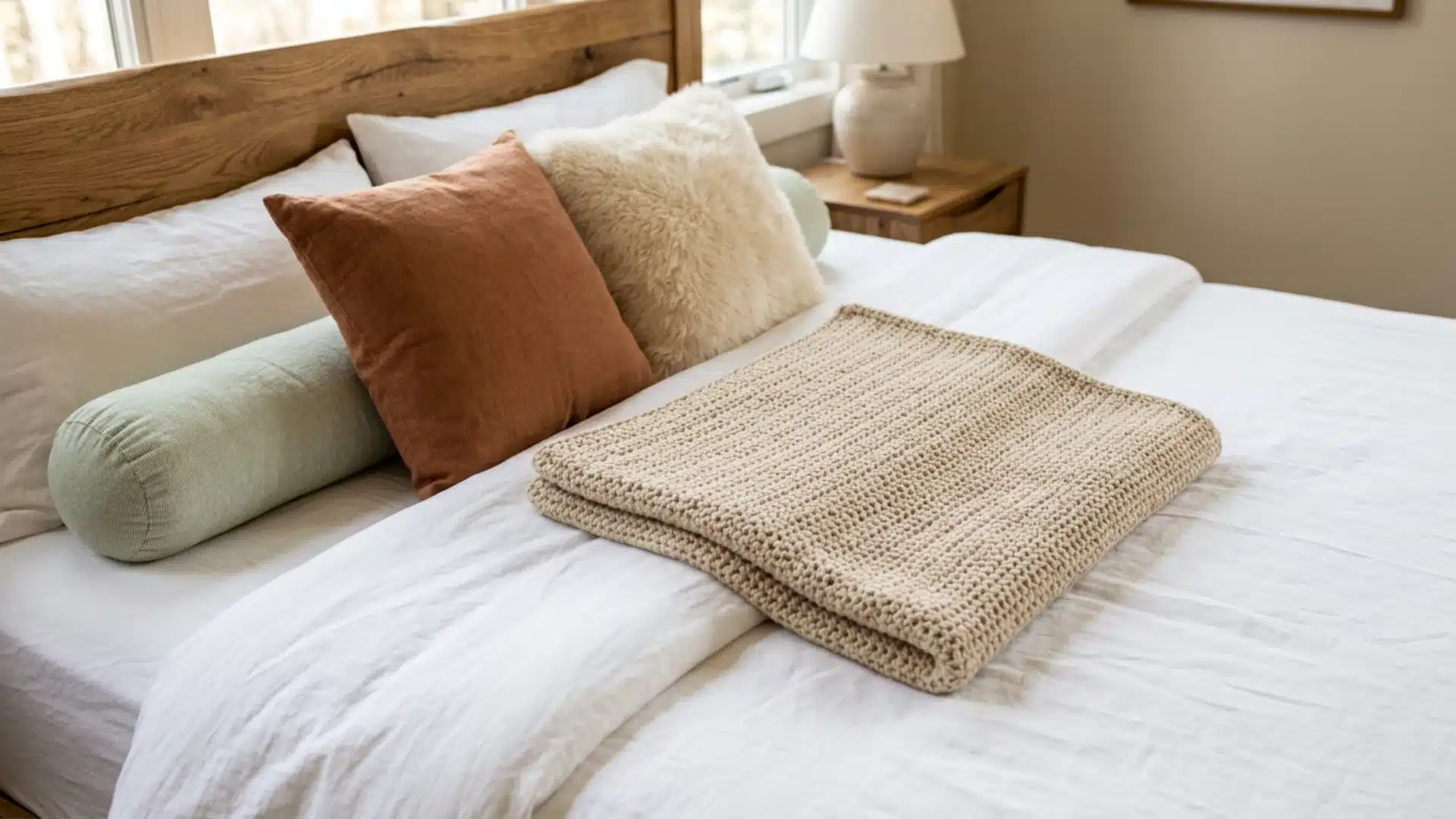 A neatly made bed featuring a white comforter, several pillows, and a wooden headboard