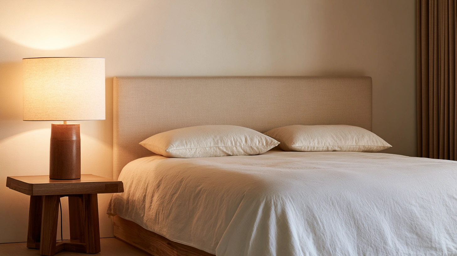 A neatly made bed with a white comforter and a bedside lamp illuminating the space.