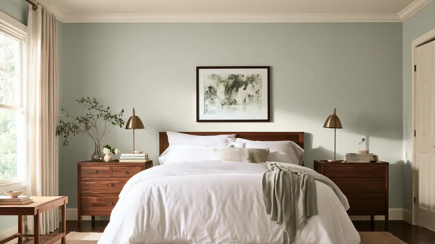 A neatly made bed with white linens sits between two wooden dressers, with lamps, a vase, framed art, and a green throw blanket.