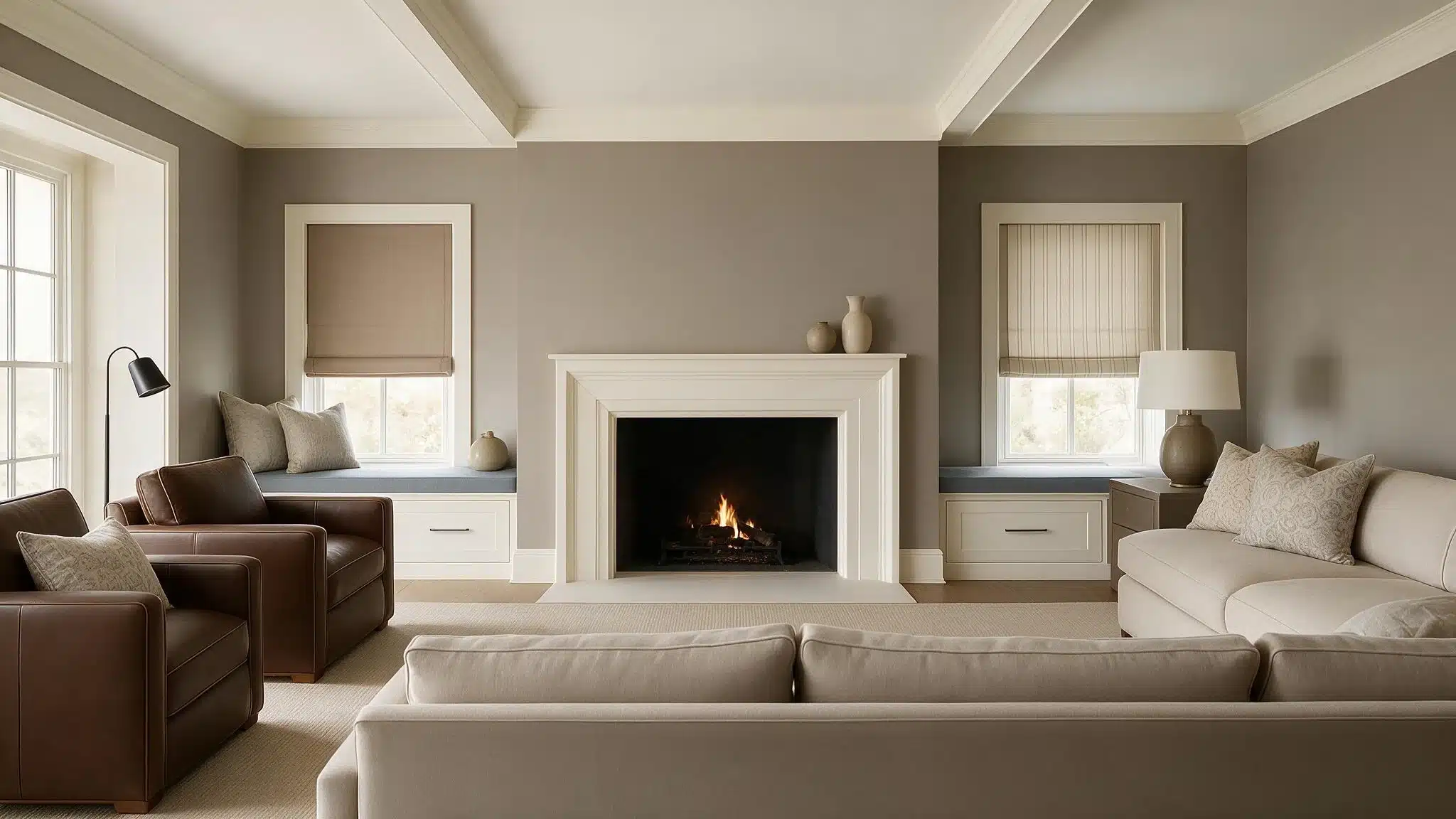 A neutral-toned living room with a lit fireplace, beige sofas, brown armchairs, built-in window seats, and matching lamps.