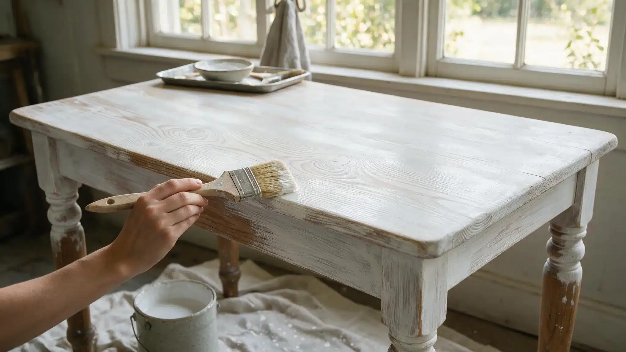 A person applying white paint to a wooden table with a paintbrush, focused on their task.