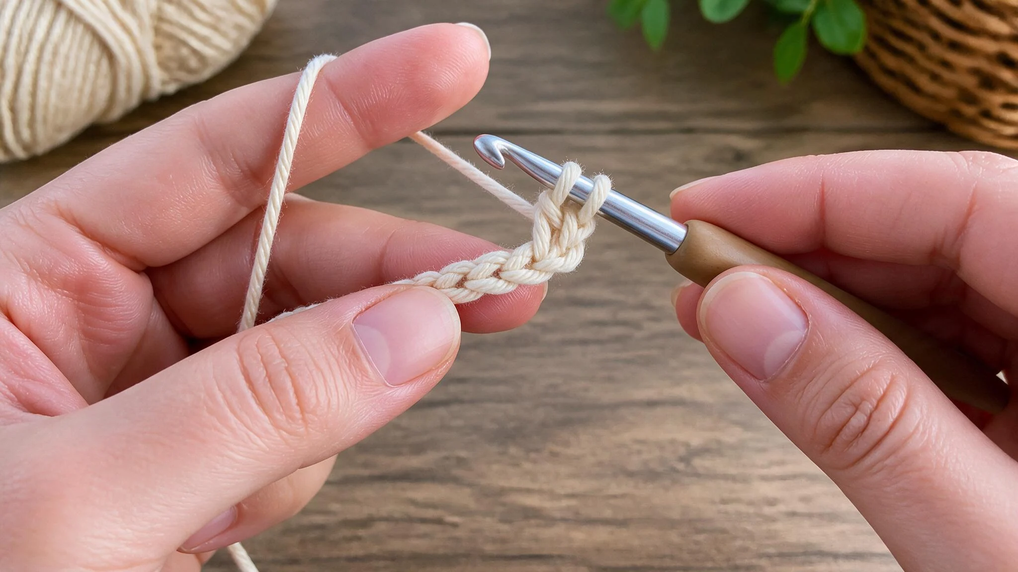 A person engaged in crocheting, manipulating a hook to make a stitch, surrounded by various yarn colors.