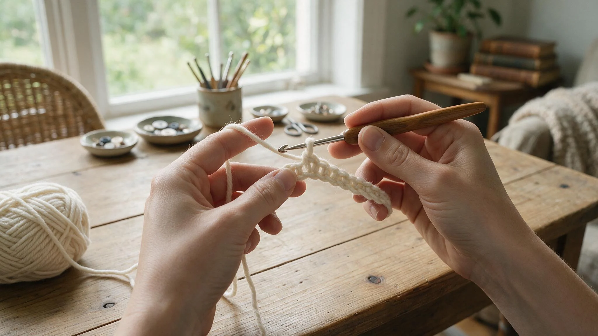 A person focused on knitting with a crochet hook, surrounded by colorful yarn and a cozy workspace.