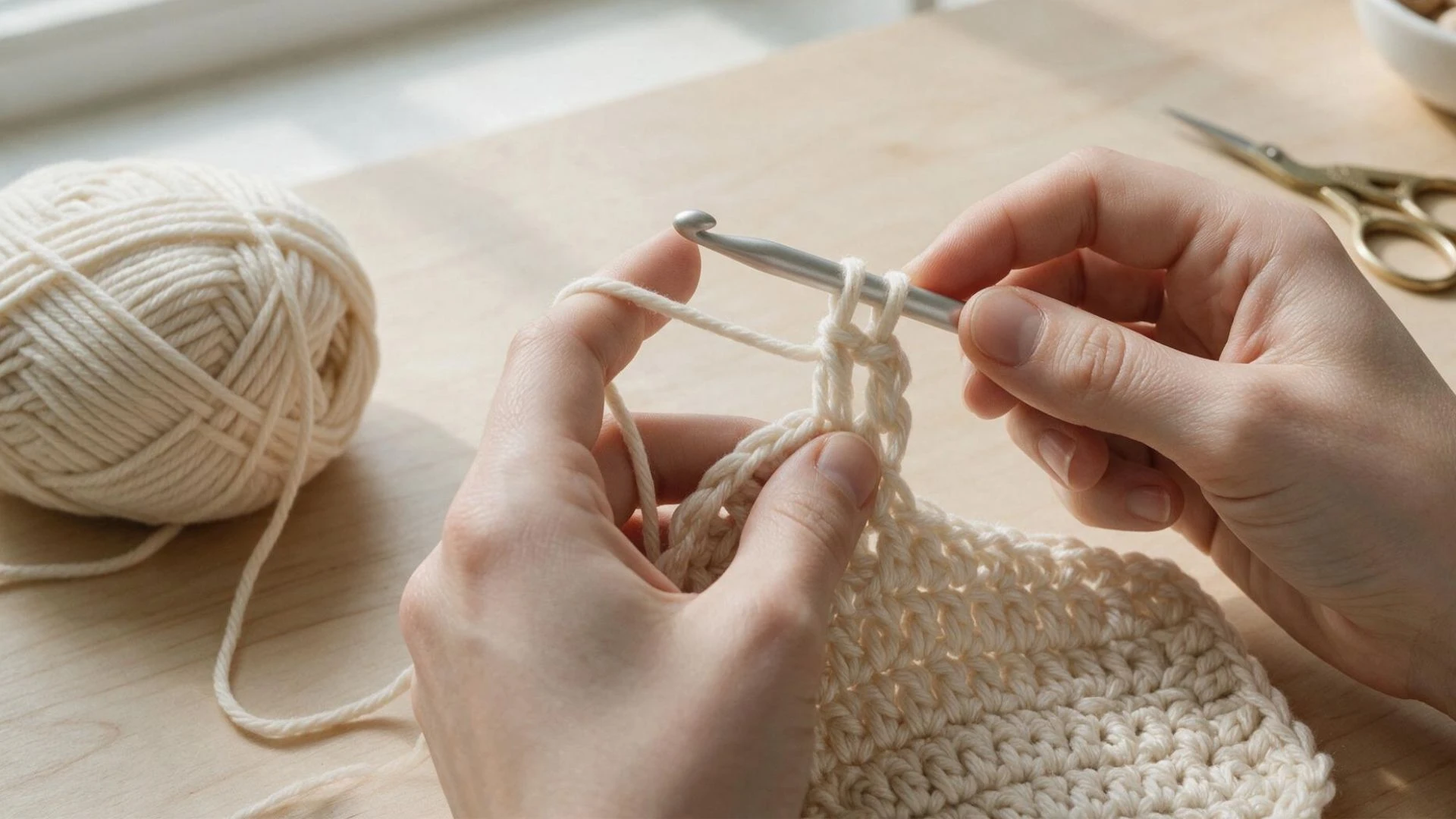 A person knitting a white piece of fabric with knitting needles, focused on their work.