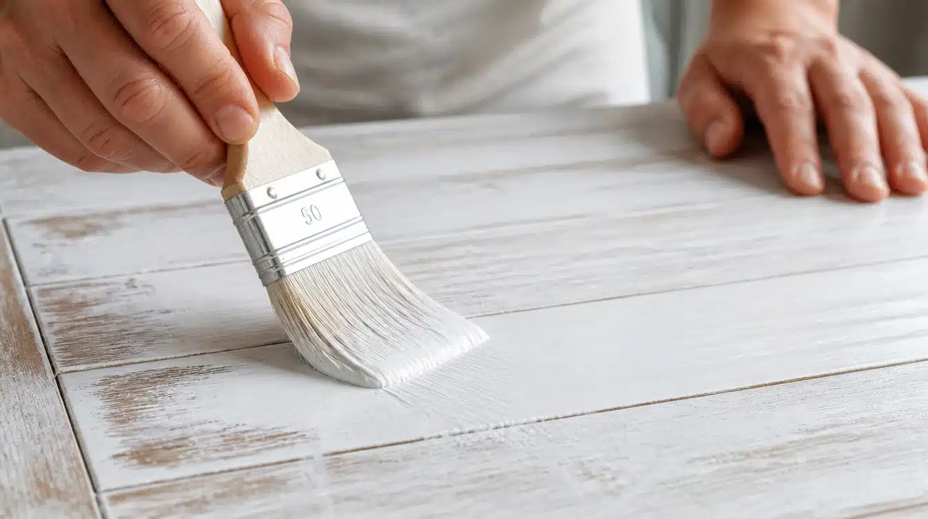 A person painting a wooden table with a brush, focused on applying a fresh coat of paint.