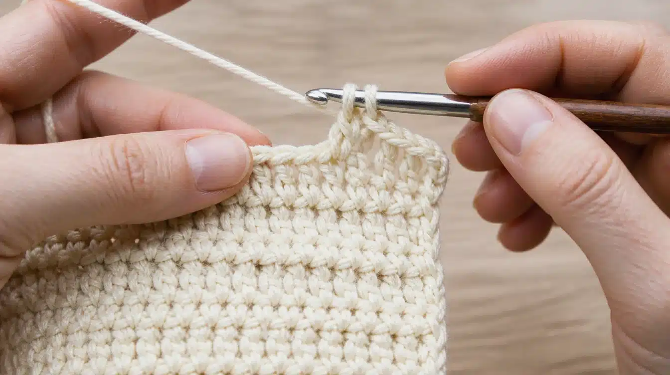 A person skillfully uses a crochet hook to create a colorful yarn piece, showcasing their crafting technique.