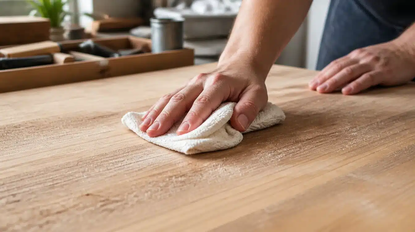 A person using a cloth to clean a wooden table, ensuring its surface is spotless and well-maintained.