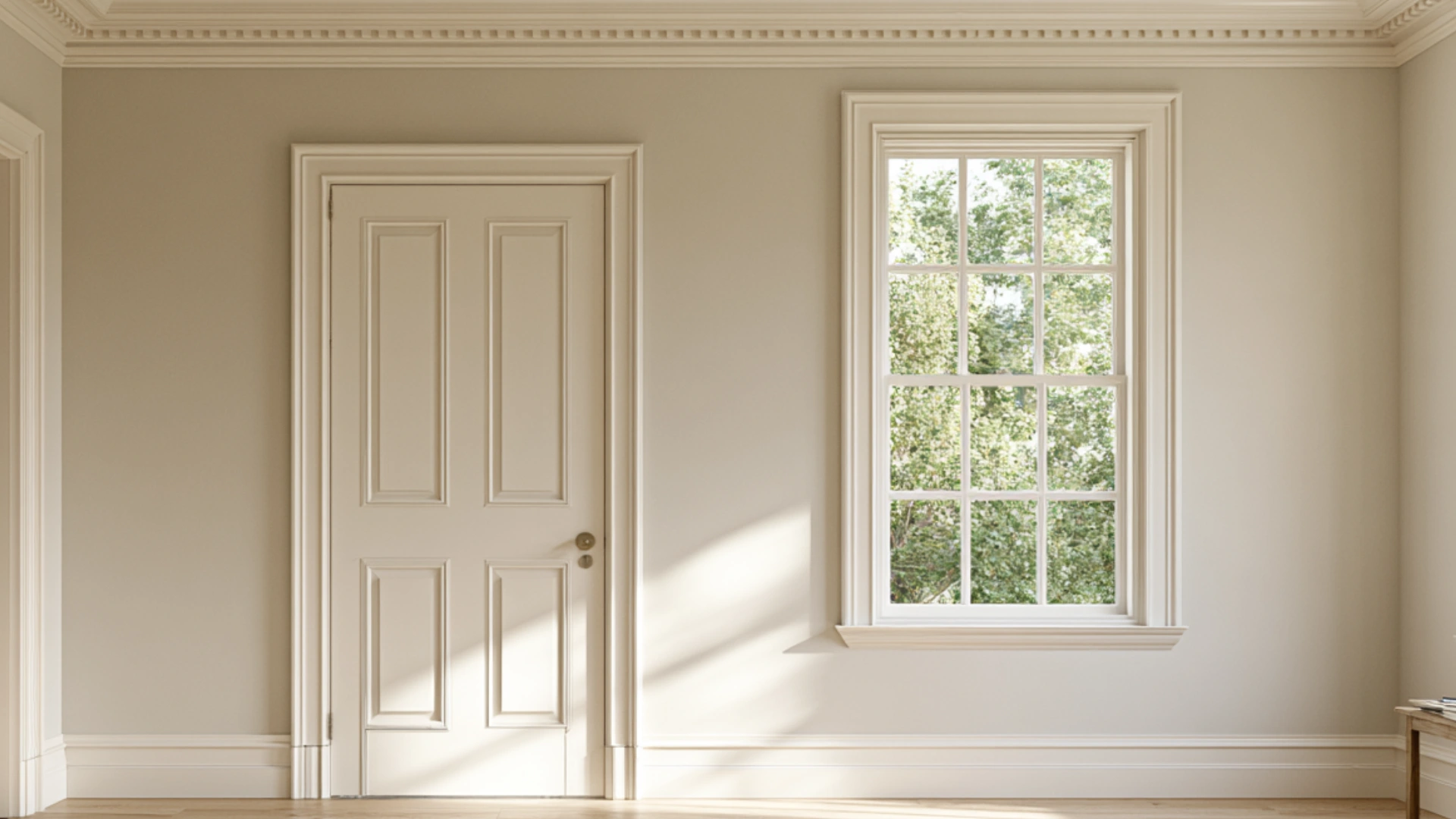A room featuring a white door and several windows, allowing natural light to illuminate the space.