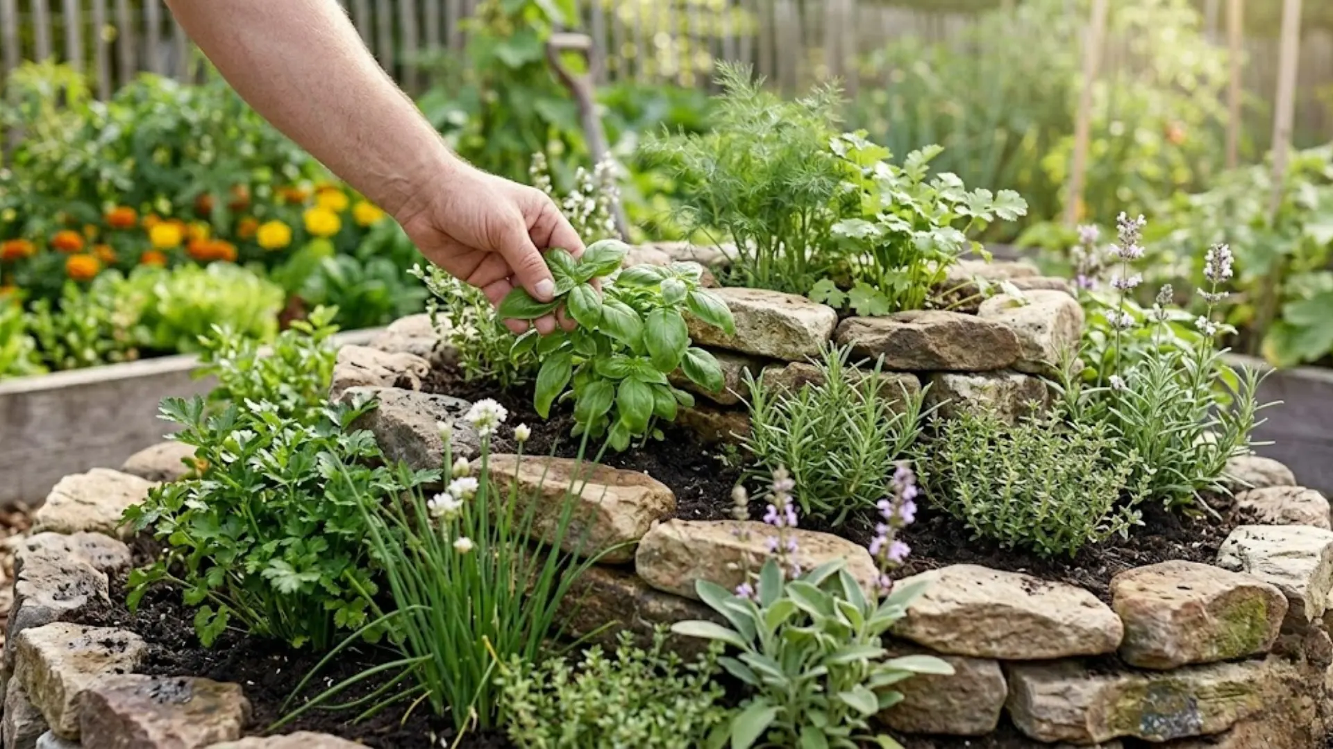 A rustic stone herb spiral planted with fresh basil, parsley, and chives