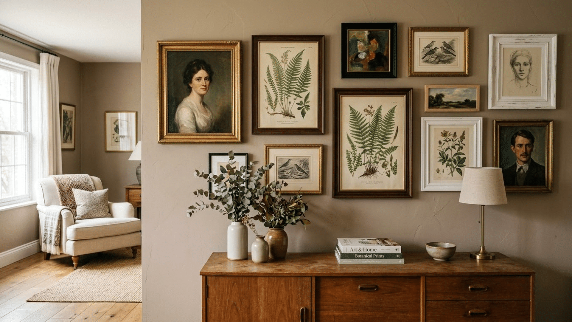 a salon-style gallery wall featuring vintage portraits, botanical prints, and nature artwork in mixed frames above a wooden cabinet