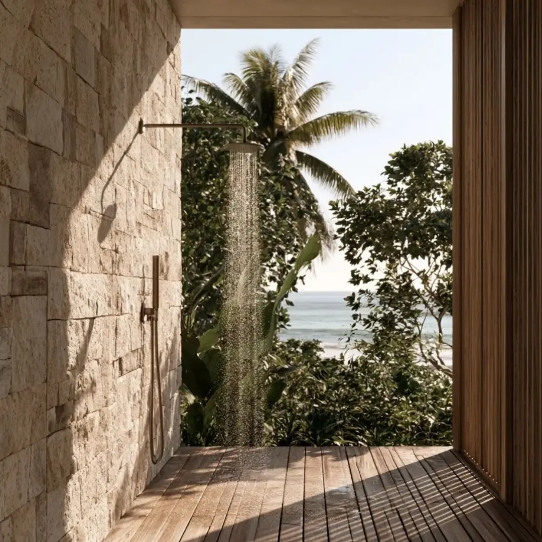 A shower with an open view of the ocean and lush trees, blending nature with relaxation.