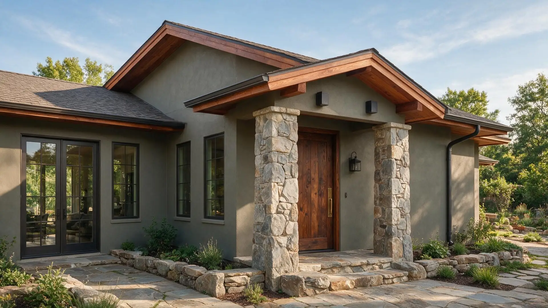 A single-story house with gray stucco walls, stone porch columns, a wooden front door, large windows, and landscaped paths.