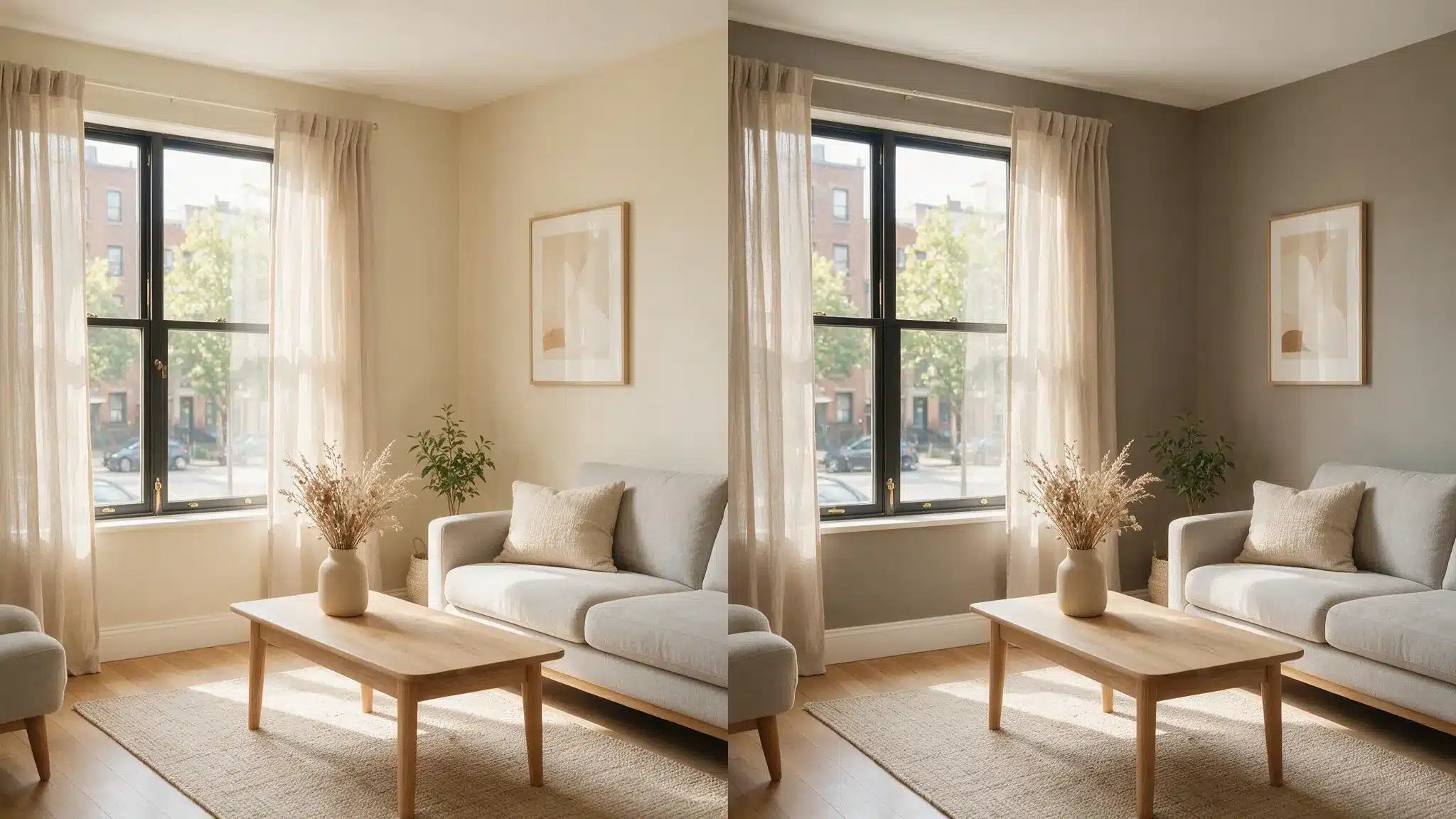 A split image shows the same bright living room with a sofa, armchair, coffee table, plants, framed art, and large curtained windows.