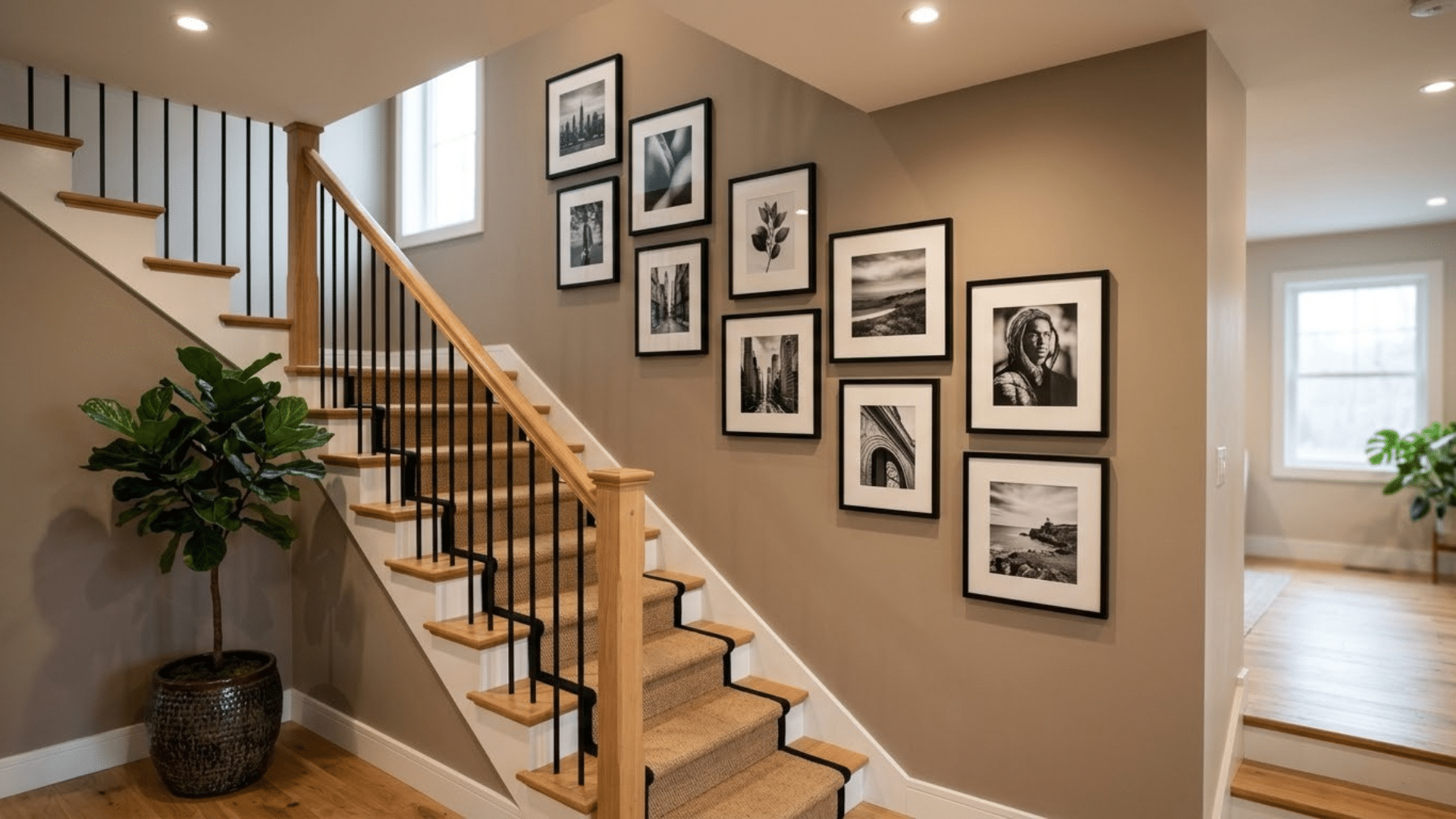 a staircase gallery wall featuring black-framed photographs and artwork arranged to follow the upward slope of the stairs