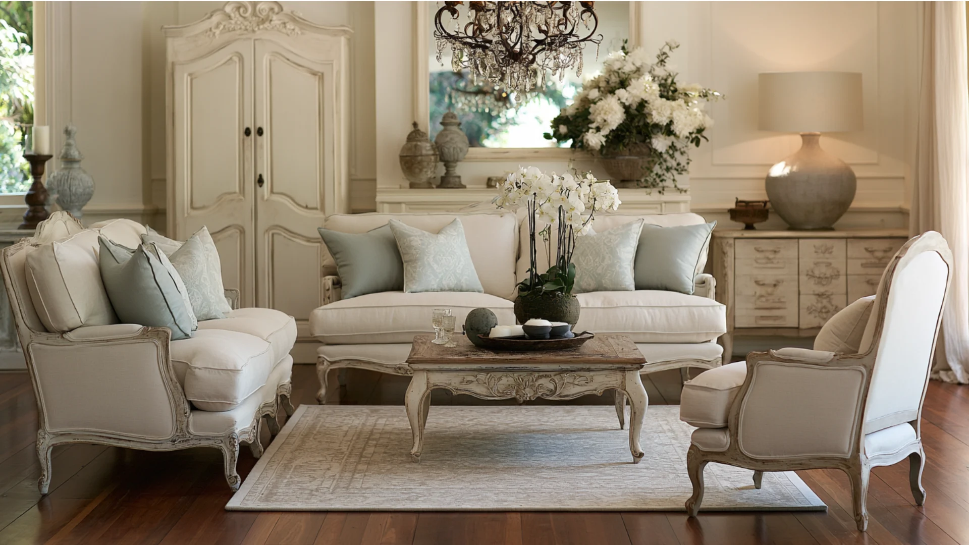 A stylish living room showcasing white French provincial furniture complemented by a decorative chandelier.