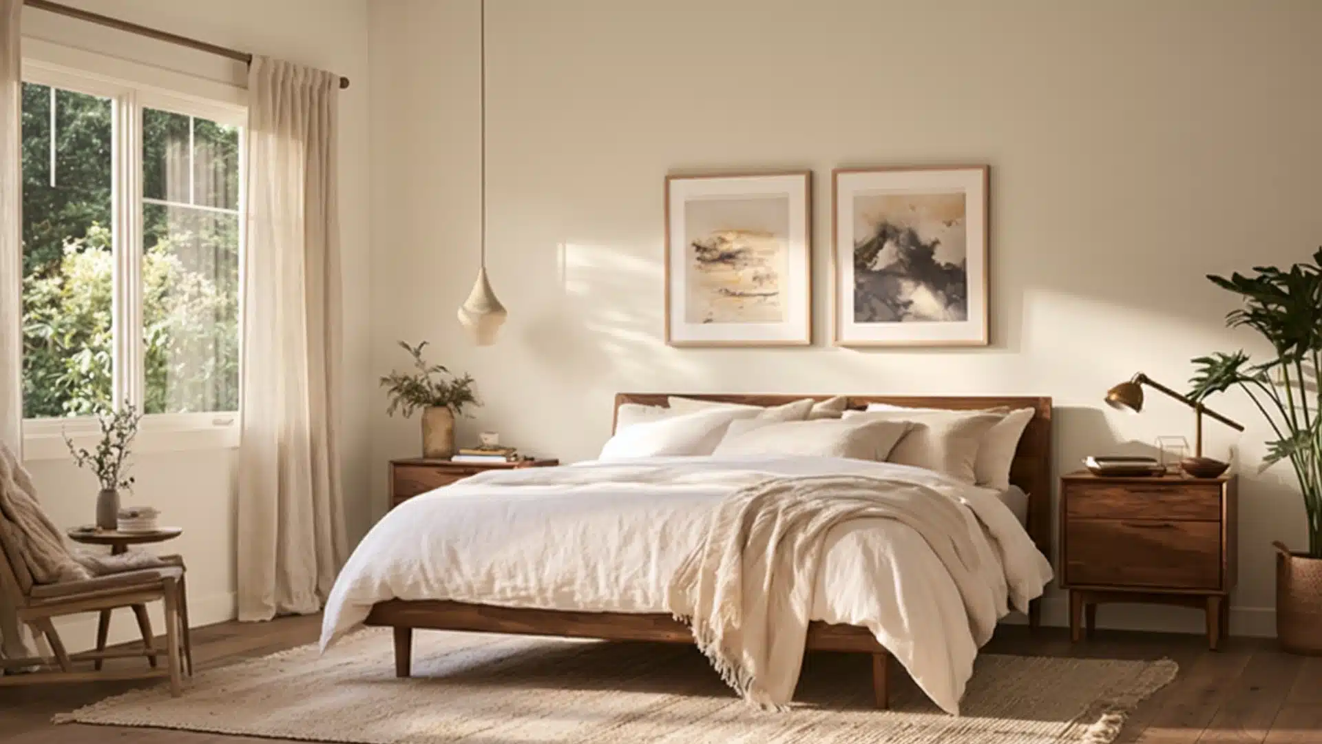 A sunlit bedroom with a neatly made wooden bed, bedside tables, framed artwork, plants, a window, and cream curtains.