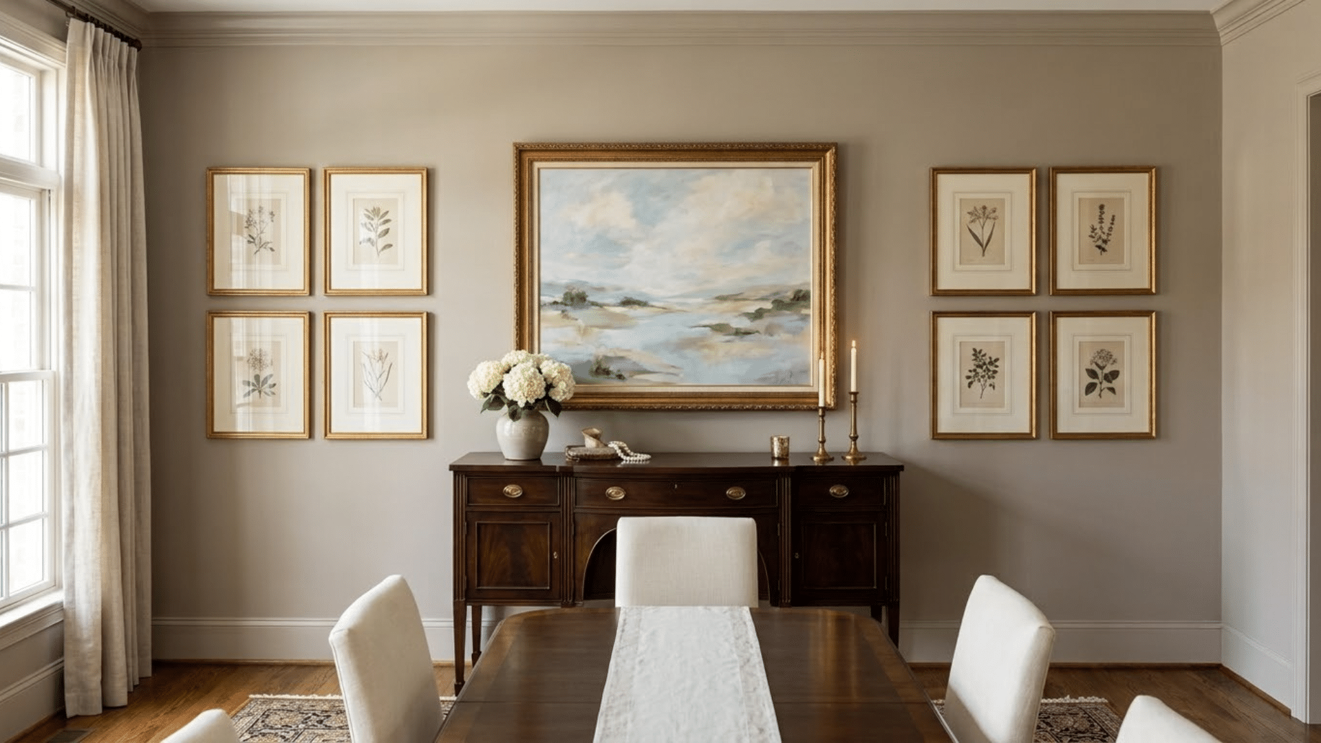 a symmetrical dining room gallery wall with a large central landscape painting and matching botanical prints on both sides