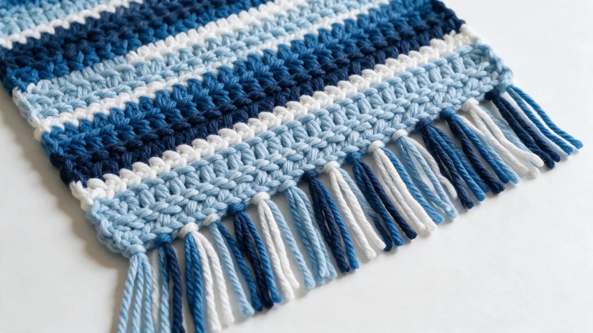 A textured crocheted rug with blue and white stripes, positioned on a flat surface