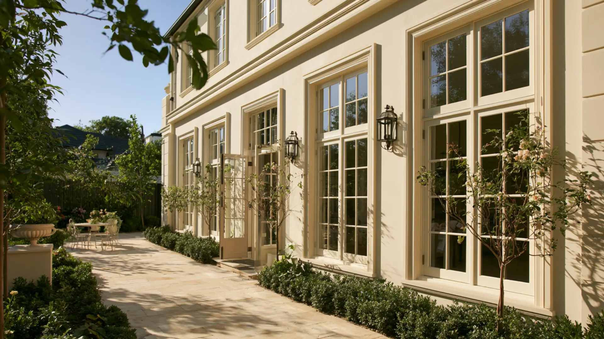 A walkway leads to a large house featuring white windows and French doors, surrounded by greenery.