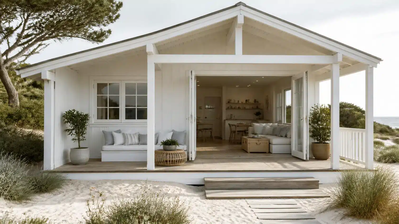 A white beach house with open doors reveals a living and kitchen area, with a deck overlooking a sandy beach and the ocean.