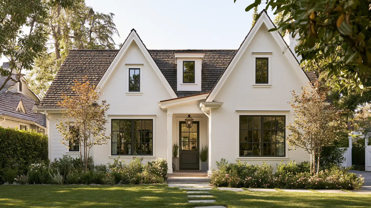 A white house featuring black trim and white siding, showcasing a classic architectural style.