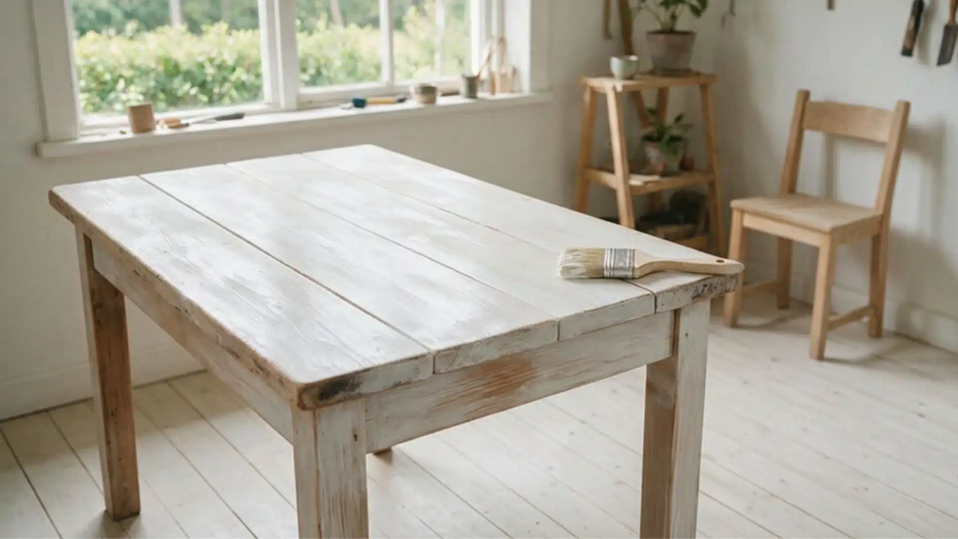 A white table featuring a paintbrush resting on its surface, indicating a creative workspace.