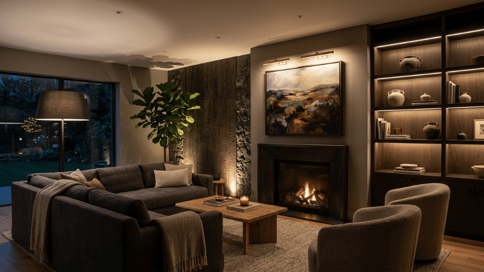 Accent lighting highlighting artwork, shelves, plants, and architectural details