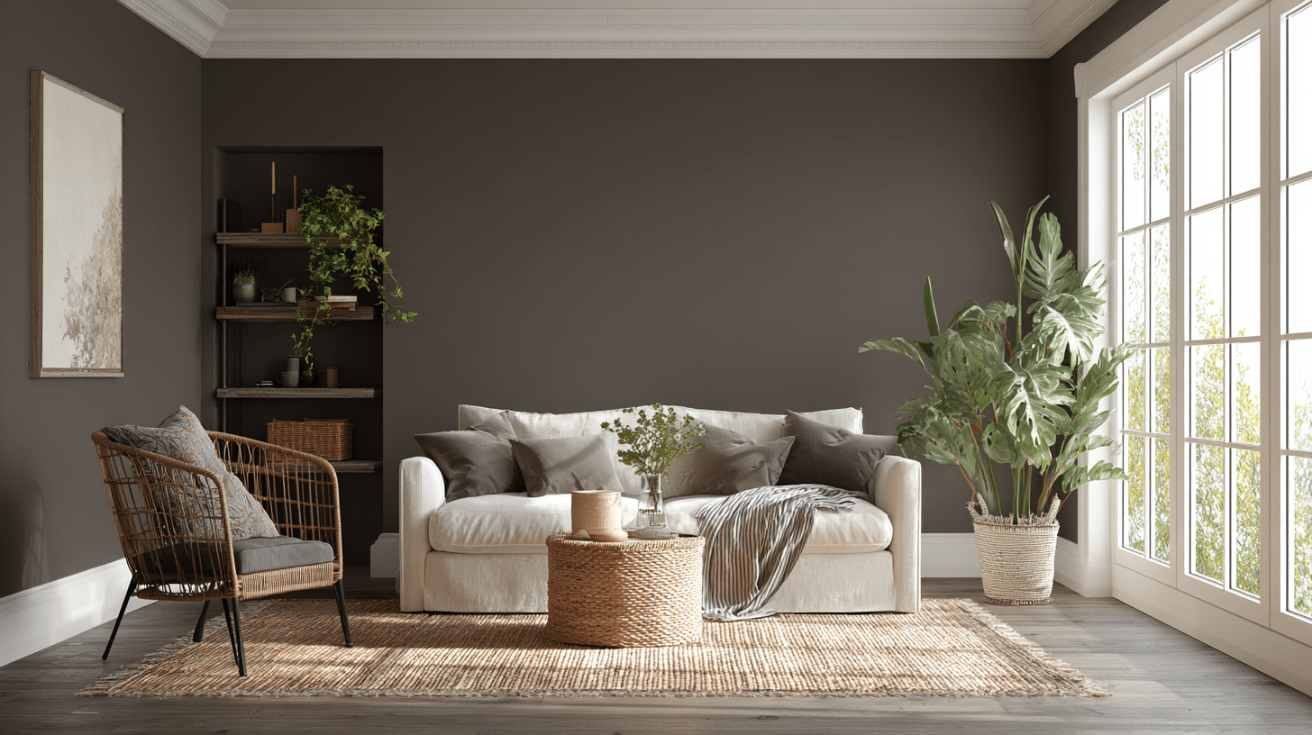 Urbane Bronze living room walls with light furniture, plants, and natural textures