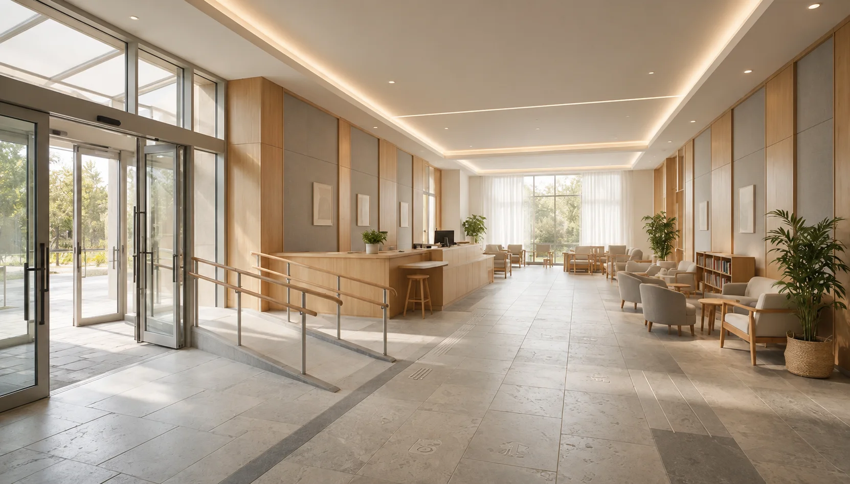 accessible contemporary public building with level entry, wide paths, ramps, clear signage, and diverse users