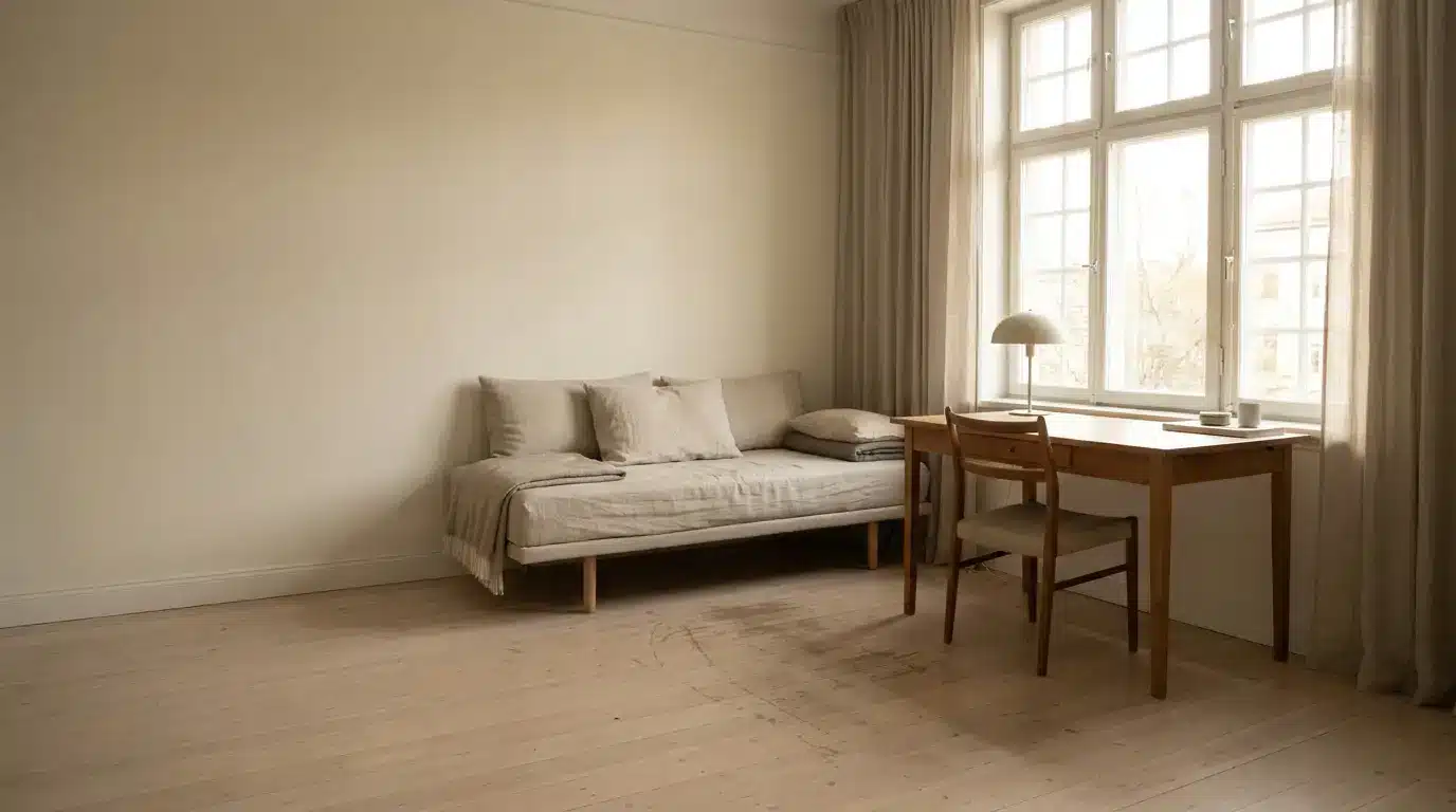 Minimalist living room with beige sofa and wooden desk near large window in natural light