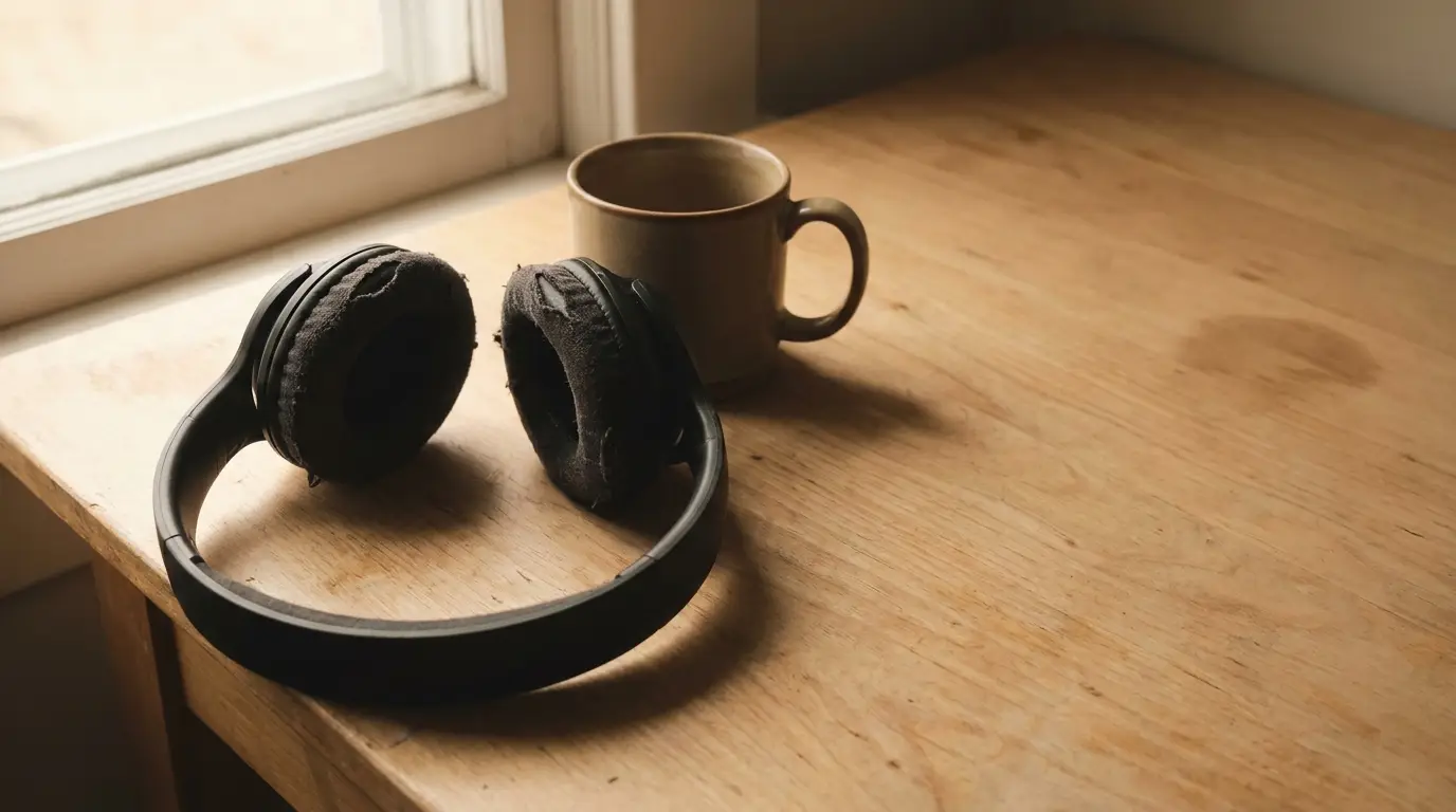 Worn black headphones and ceramic mug on wooden table near window