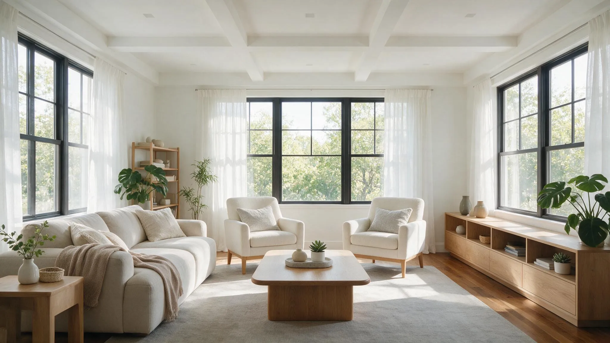 Airy modern living room with shallow white coffered ceiling black framed windows light wood furniture and daylight