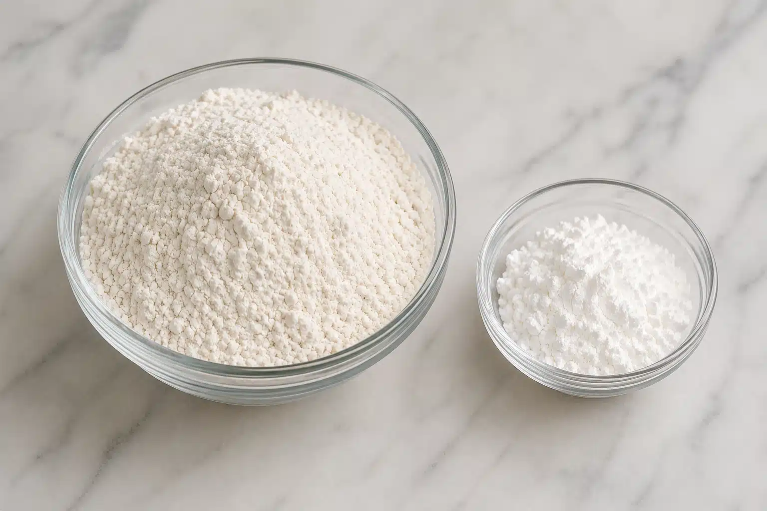 all-purpose flour and cornstarch in glass bowls for making a homemade cake flour substitute