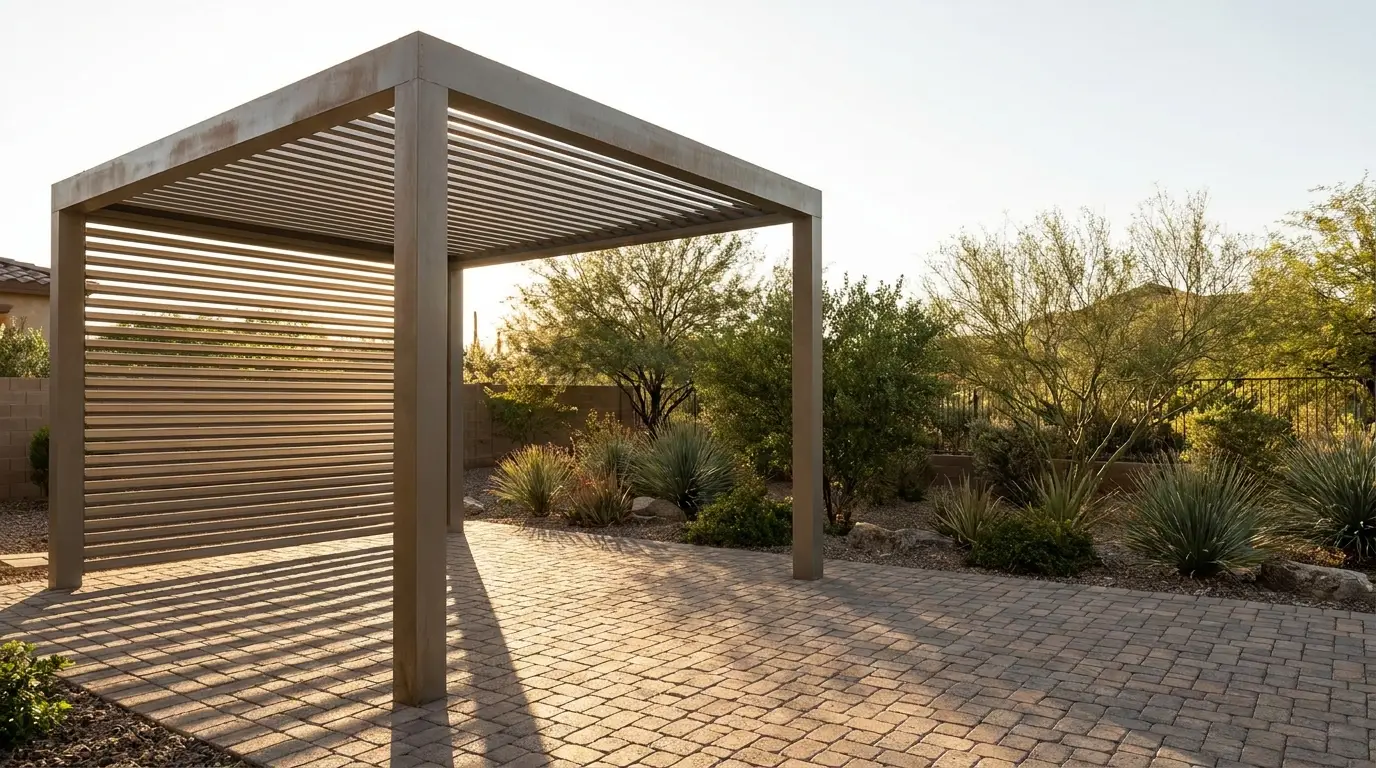 Modern pergola with horizontal slats on brick patio in sunny desert garden setting